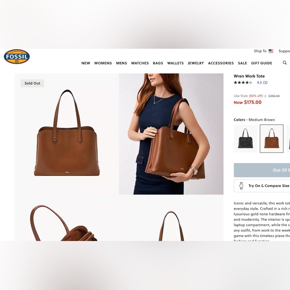 Fossil Large Leather Tote in Cognac Brown - Picture 14 of 14